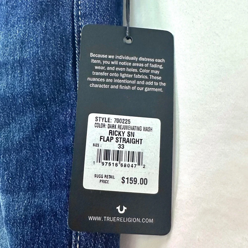TRUE RELIGION NEW Ricky Relaxed Straight Jeans Men 33x34 T Flap Dark Wash Denim